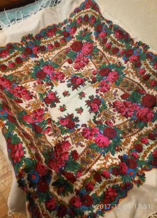 Хустка національний білий з бахромою