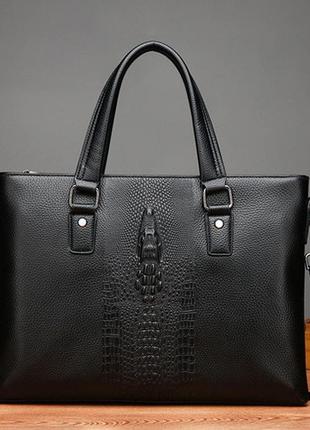 Мужская кожаная сумка для документов бумаг а4 кожаная с крокодилом | мужской деловой портфель крокодил кожа2 фото