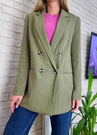 Пиджак удлинённый хаки зелёный двубортный5 фото