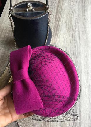 Вовняна капелюх таблетка вуалетка з вуаллю hot pink/фуксія стиль ретро вінтаж3 фото