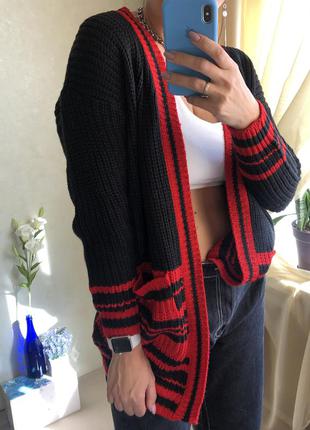 Чорний кардиган з червоними смугами, s-m over size, jennyfer5 фото