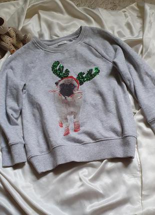 Шикарний бавовняний тепленький новорічний светр з оленем-мопсом