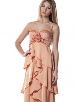 Вечернее платье-бюстье на тонких бретелях длинное в пол персиковое3 фото