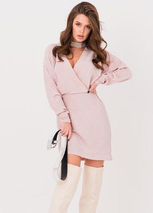 Платье на запах розовое с люрексом под пояс