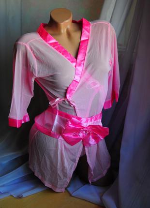 Милий рожевий халатик накидочка, на зав'язочках під грудьми, з розкішним широким поясом великим бантом