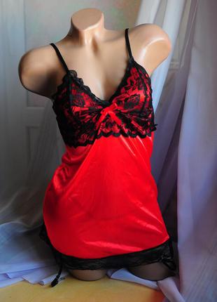 Яскравий червоний пеньюар на шнурівці між лопаток на спинці з підв'язками для панчох кармеліта уцінка №1