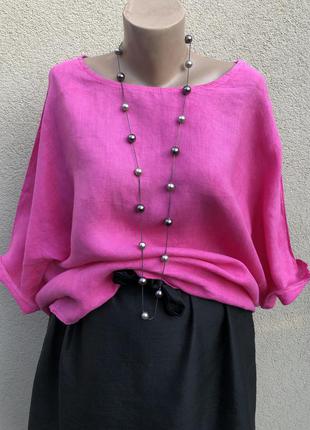 Яркая,розовая блуза реглан,лен100%,этно бохо стиль,батал,большой размер,италия4 фото