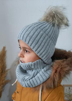 Комплект зимний шапка с натуральным мехом и хомут детский3 фото