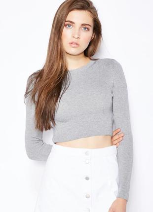 Сірий кроп топ короткий джемпер в рубчик з довгими рукавами шерстю тепла кофта