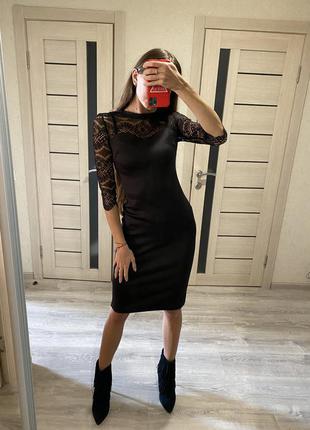 Красивое , строгое чёрное платье с кружевом , вечернее платье1 фото