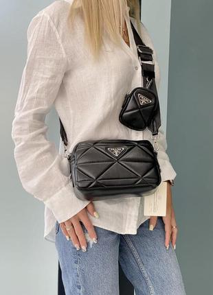 Крута трендова жіноча шкіряна сумочка prada сумка через плече 2 в 1 з гаманцем чорна