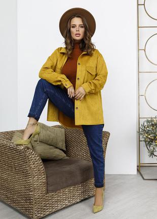 Гірчична замшева асиметрична сорочка вільного крою з кишенями