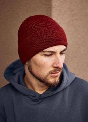 Мужская шапка бордовая зимняя стильная | чоловіча тепла шапка якісна бордова