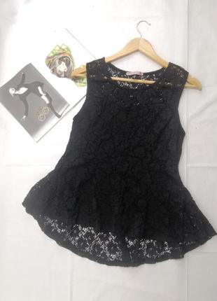 Черная кружевная кофта блузка с баской1 фото