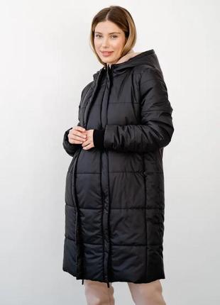 Тепла зимня куртка для вагітних, майбутніх мам подовжена чорна (зимняя курточка для беременных)1 фото