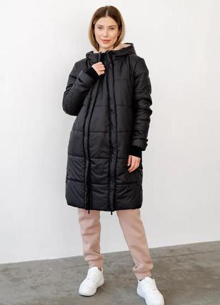 Тепла зимня куртка для вагітних, майбутніх мам подовжена чорна3 фото