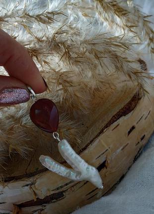 Срібна підвіска, кулон з бароковим перлами і сердоліком "кактус"1 фото