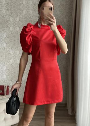 Новое нарядное красное платье с объёмными рукавами hm размер 34,36,38