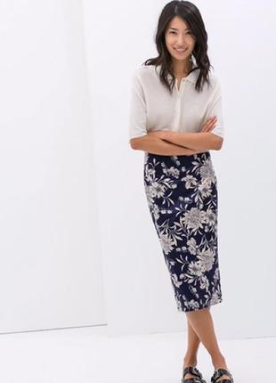 Zara юбка атласная сатиновая миди в цветы