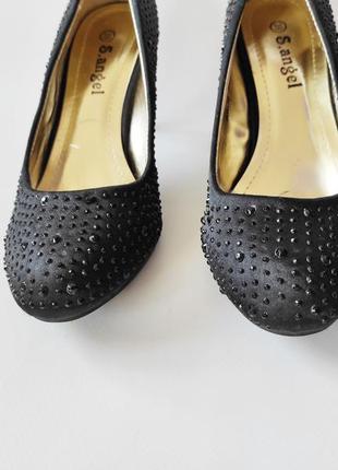 Туфли туфельки черные атласные на новый год с камнями блестящие фирменные классические лодочки на каблуках каблы каблуке