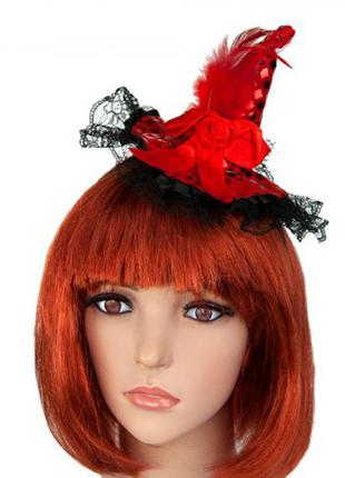 Маленькая шляпка на ободке маскарадная ведьмочка хэллоуин красная +подарок2 фото