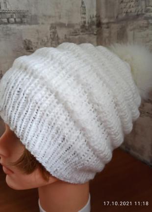 Белая шапка "волна" с подкладкой из флиса3 фото