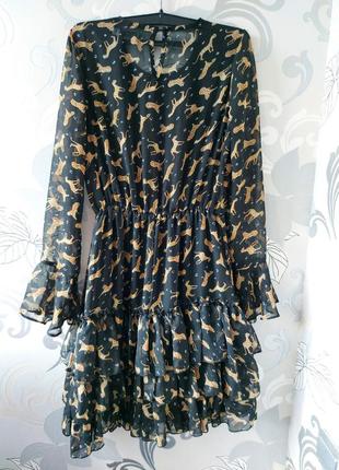 Чёрное трендовое шифоновое воздушное короткое платье бохо с воланами принт леопард животный принт5 фото