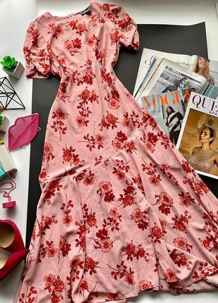 👗шикарное розовое закрытое платье миди с цветами/длинное пудровое платье рыбка в цветах👗5 фото