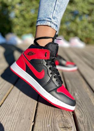 ❄️❤️🖤nike air jordan 1 retro high red black fur🖤❤️❄️кроссовки женские зимние найк джордан с мехом