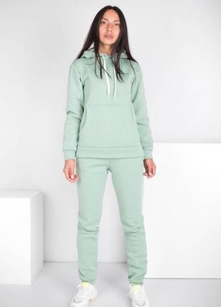 Стильный бирюзовый зимний теплый спортивный костюм на флисе худи оверсайз с капюшоном