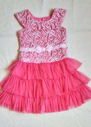 Нарядное розовое гипюровое платье фатиновые оборки jona michelle америка на 7-8 лет (122-128см)