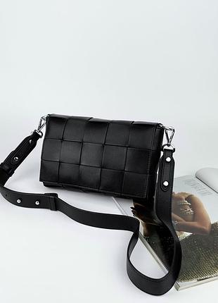 Женская кожаная плетёная сумка клатч через плечо чёрная polina & eiterou жіноча шкіряна чорна поліна