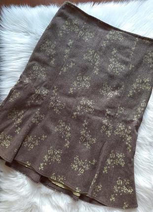 Красивая качественная шерстяная миди юбка в узор елочка и цветы юбка с воланом we