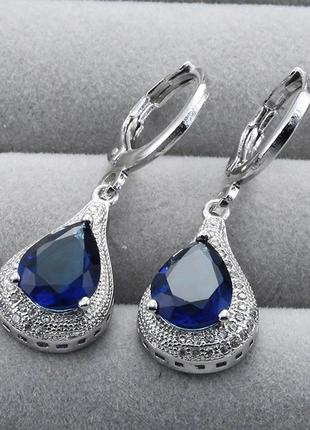 Серьги капли с синими фианитами