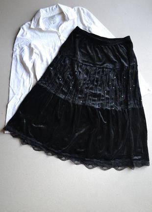 Чёрная бархатная юбка миди с кружевом и пайетками р.s-m   no boundaries1 фото
