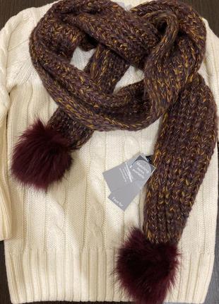 Тёплый шарф 🦋 длинный с помпонами цвет бургунд с золотой нитью