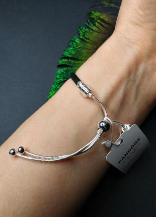 Браслет пандора серебро 925 проба ale цирконий пломба бирка новый регулируемый логотип бренда кожа чёрный