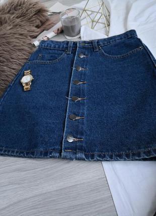 Синяя плотная джинсовая юбка трапеция на болтах3 фото