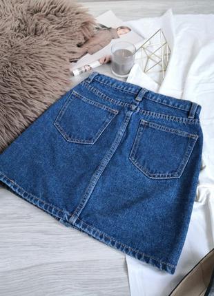 Синяя плотная джинсовая юбка трапеция на болтах7 фото