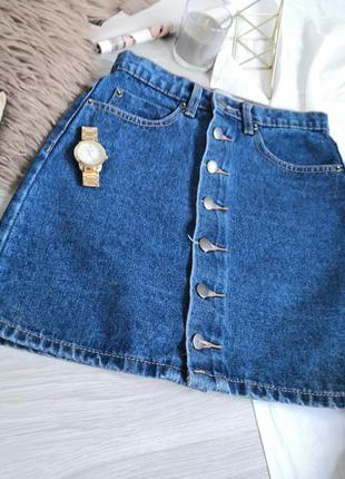 Синяя плотная джинсовая юбка трапеция на болтах4 фото