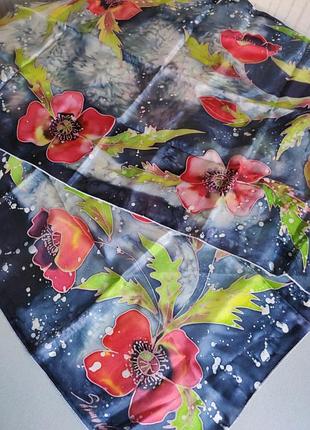 Эксклюзивный шарф натуральный шёлк батик маки