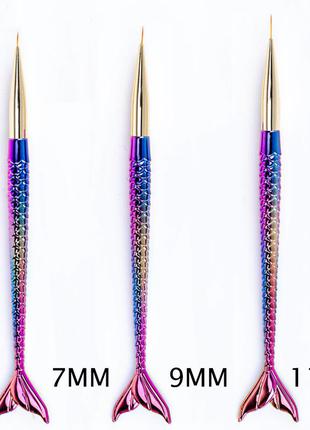 Тонкі пензлики русалка - 7, 9, 11 мм. для всіх видів нейл-арту з ручками у формі хвоста русалки5 фото