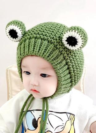 Детская зимняя шапка теплая вязаная лягушка (жабка, лягушонок, жаба), унисекс