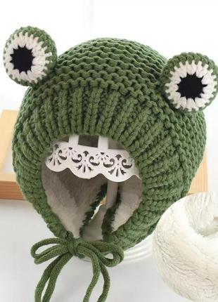 Детская зимняя шапка теплая вязаная лягушка (жабка, лягушонок, жаба), унисекс