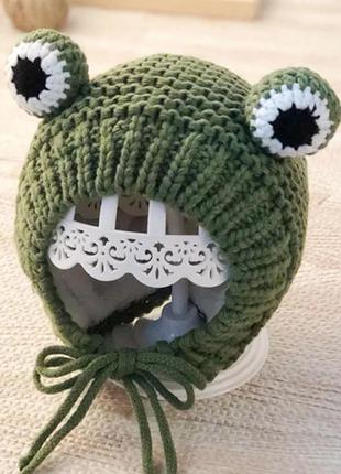 Детская зимняя шапка теплая вязаная лягушка (жабка, лягушонок, жаба), унисекс6 фото