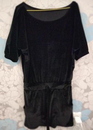Черное велюровое платье с карманами, разм.44-46/s, пояс- кулиска1 фото