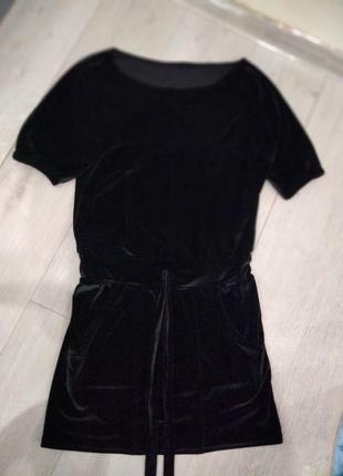 Черное велюровое платье с карманами, разм.44-46/s, пояс- кулиска3 фото