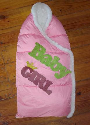 Конверт на выписку теплый для девочки одеяло с капюшоном розовый