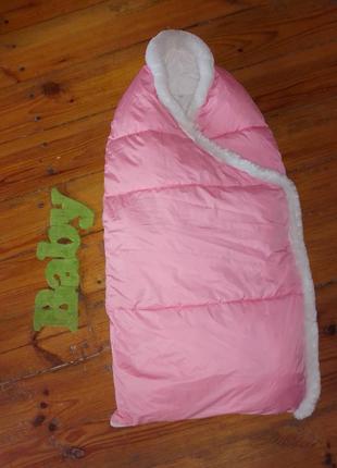 Конверт на выписку теплый для девочки одеяло с капюшоном розовый5 фото