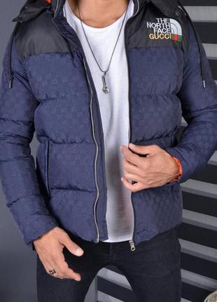 Зимняя куртка tnf x gucci, темно синяя1 фото